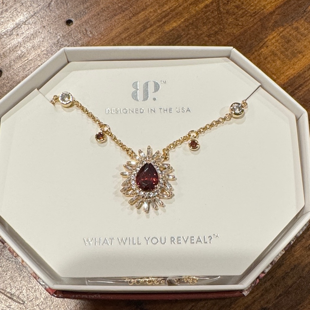 Bomb Party Gold Necklace with Deep Red Teardrop and Crystal Halo